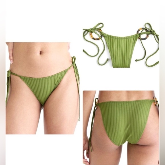 NWT J. Crew Wide Rib Curved Waist Cheeky String Bikini Bottom Rings Green Sz L - Picture 2 of 15